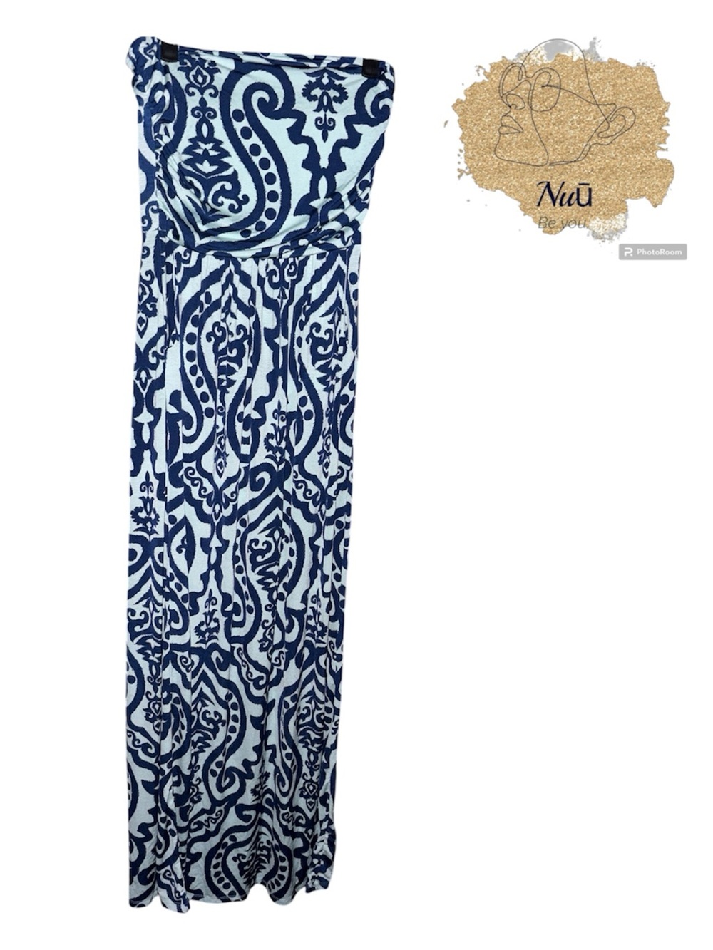 Vanilla Bay Navy and White Strapless Printed Maxi Dress